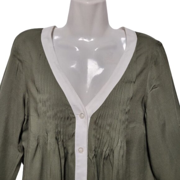 Sage Green Long Sleeve Cotton Blouse Top with White Trim  Size XS  S   M - Picture 4 of 6